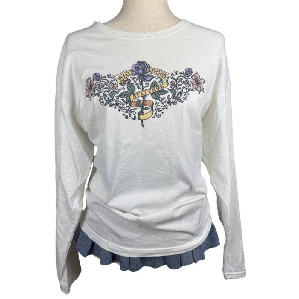 Big Dogs “Attitude” Rose Tattoo Graphic Long Sleeve Tee White Unisex